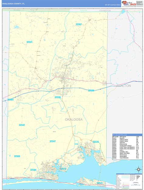 Okaloosa County, FL Zip Code Wall Map Basic Style by MarketMAPS