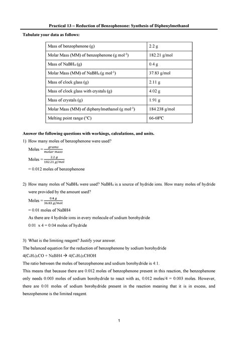 Practical 13 Reduction of Benzophenone: Synthesis of Diphenylmethanol ...