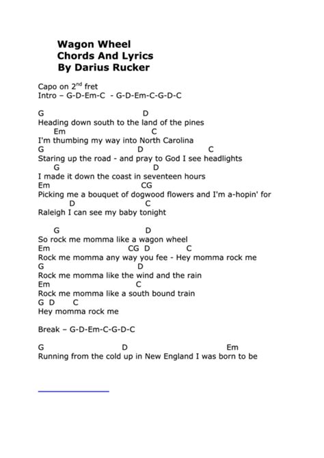 Wagon Wheel Chords And Lyrics By Darius Rucker printable pdf download