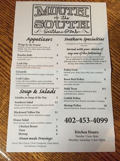 Menu at Mouth of the South restaurant, Omaha, N 30th St