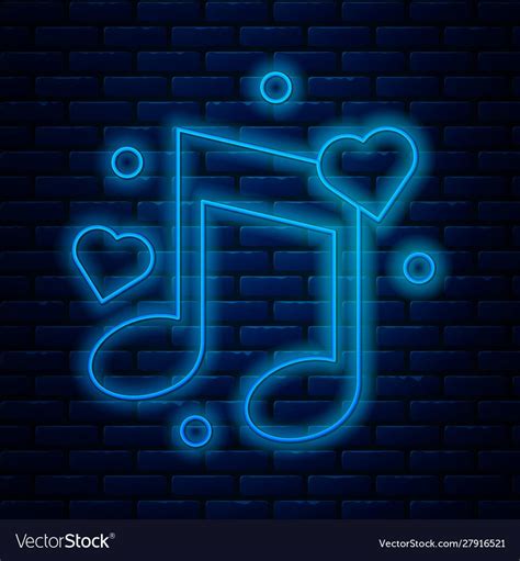 Glowing neon line Music note, tone with hearts icon isolated on brick wall background. Vector ...