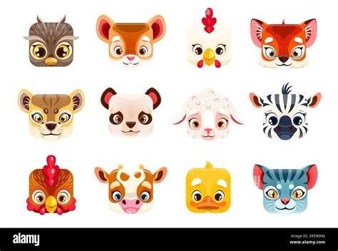 Kawaii animal faces, square cartoon cute zoo characters, vector icons ...