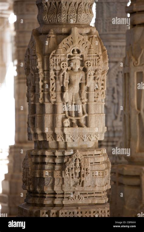 Stone carvings and marble pillars at The Ranakpur Jain Temple at Desuri ...