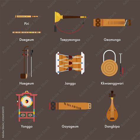 korea traditional instrument object icons vector flat graphic design illustration set Stock ...