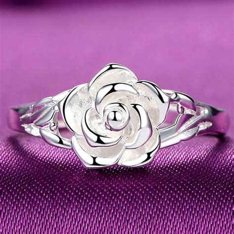 Fashion Silver Plated Rings Rose Flower Open Ring Hollow Out Design ...