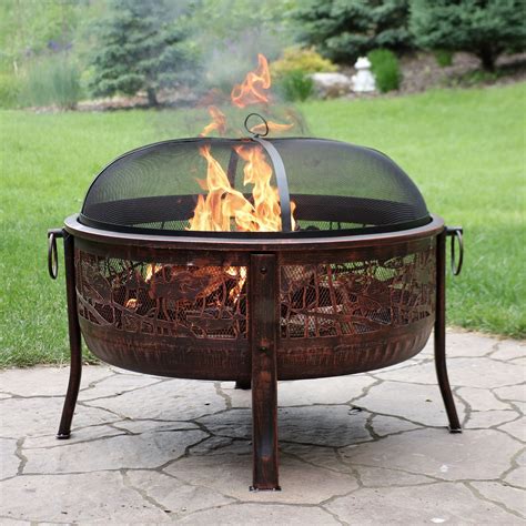 Sunnydaze 30" Fire Pit Steel with Northwoods Fishing Design and Spark Screen - Walmart.com ...