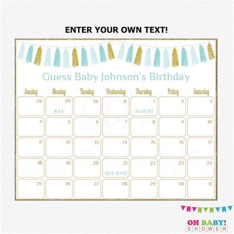 Editable Baby Due Date Calendar Blue and Gold Baby Shower - Etsy