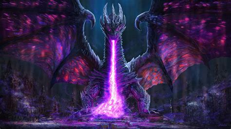 Dragon spitting out purple fire [2560 x 1440] : wallpaper