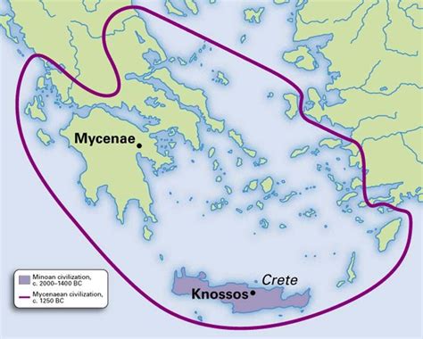 This is a map of the Mincan civilization (purple area) and the Mycenaen ...