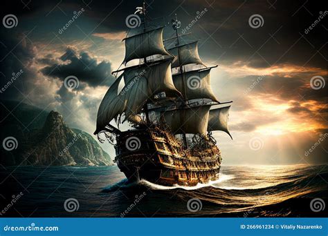 A Huge Pirate Ship Sails On A Stormy Sea. AI Generated. Stock Photo ...