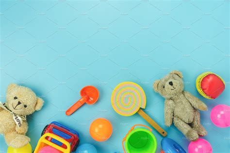 Top view toy kids background featuring colorful, bear, and teddy | Kids ...