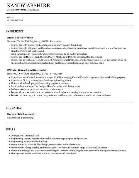 Chief Engineer Resume Samples | Velvet Jobs