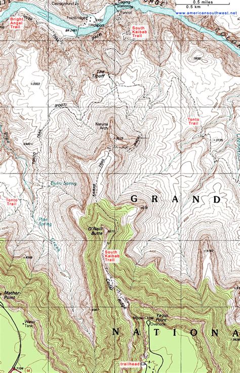 Topographic Map of the South Kaibab Trail, Grand Canyon National Park, Arizona