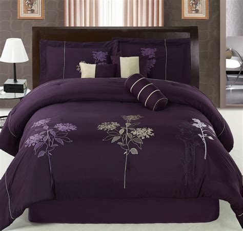 7Pcs Queen Purple Floral Embroidered Comforter Set | eBay