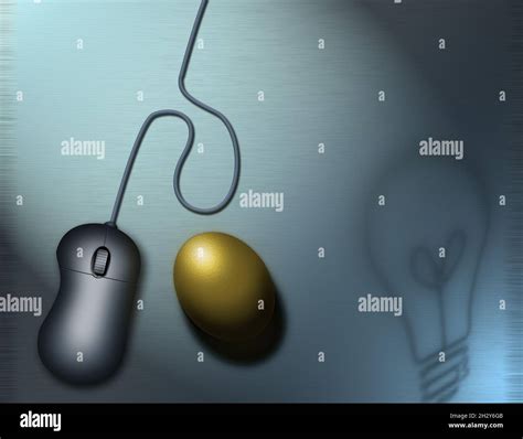 Internet business ideas. Golden egg, computer mouse, and light bulb ...