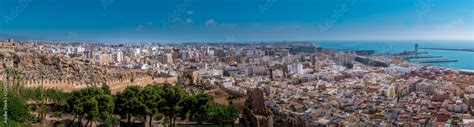 Almeria medieval castle panorama with blue sky from the air in ...