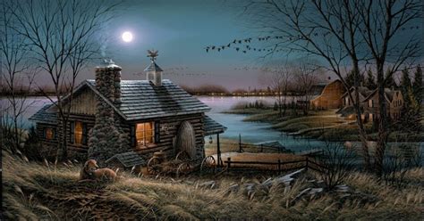 a painting of a cabin in the woods at night with birds flying over water and trees