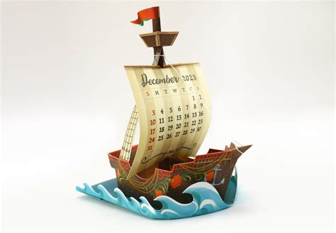 2023 Ship Calendar Printable Boat Sailboat Desk Calender Colourful Miniature Paper Papercraft ...