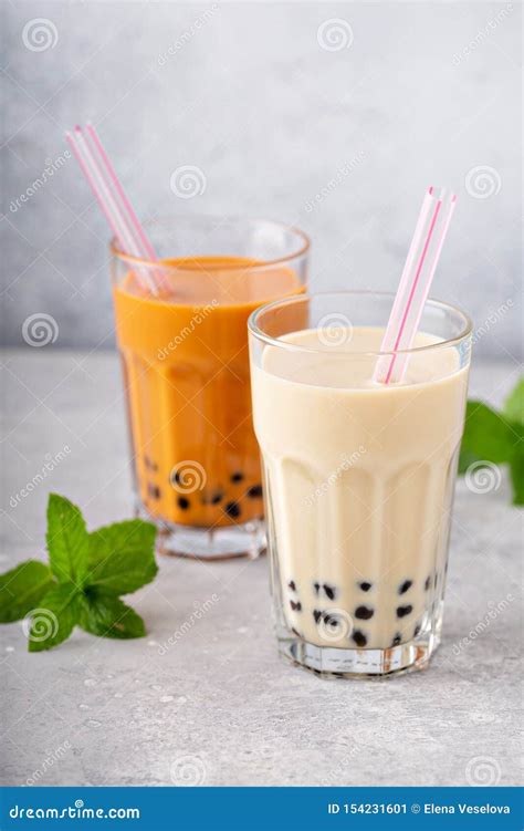 Boba Bubble Tea with Straws Stock Image - Image of glasses, milkshake ...