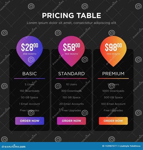 Dark UI Design, Pricing Table for Website or Mobile App Stock Illustration - Illustration of ...