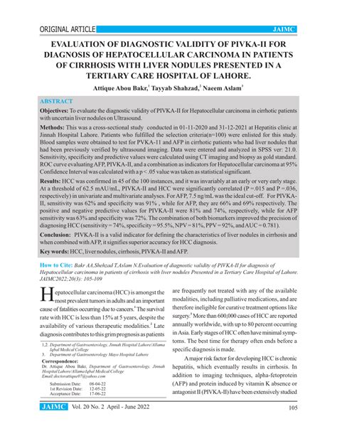 (PDF) EVALUATION OF DIAGNOSTIC VALIDITY OF PIVKA-II FOR DIAGNOSIS OF ...