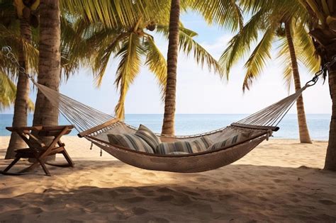 Premium Photo | A hammock is on the beach with palm trees.