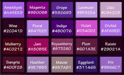 Shades of Purple & Names with HEX, RGB Color Codes | Rgb color codes, Purple colour shades ...