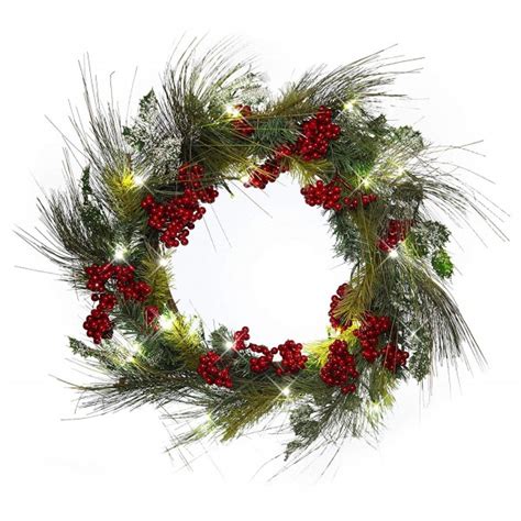 22 Inch Light-Up Christmas Wreath with Pine & Red Cranberries - Battery Operated LED Lights with ...