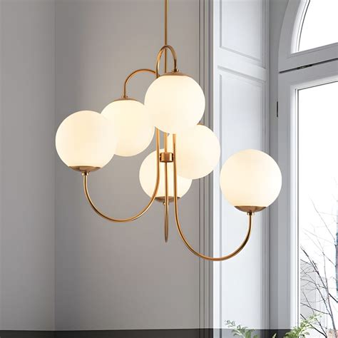 Contemporary Globe Pendant Light White Frosted Glass 6 Bulbs Living Room Hanging Chandelier in ...