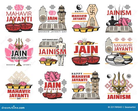 Jaininsm Religion, Jain Symbols and Festival Icons Stock Vector ...