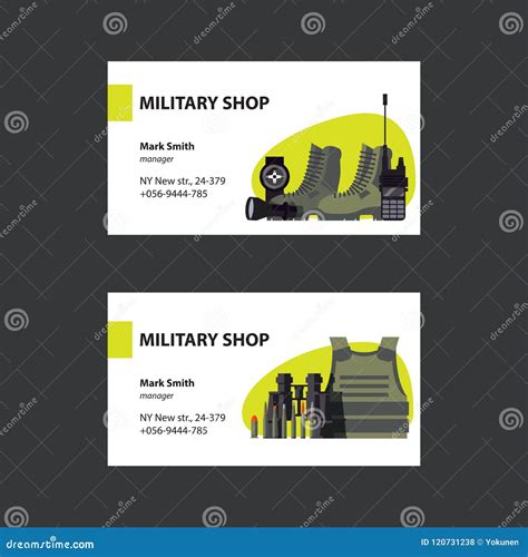 Vector Army Business Cards about Military Goods and Armour. Flat Modern Design in Flat Style ...