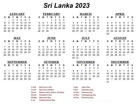 Sri Lanka 2023 Calendar with Holidays | Your Printable Calendar