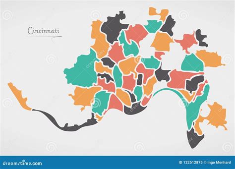 Cincinnati Ohio Map with Neighborhoods and Modern Round Shapes Stock ...