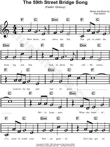 Simon & Garfunkel "The 59th Street Bridge Song (Feelin' Groovy)" Sheet Music for Beginners in C ...