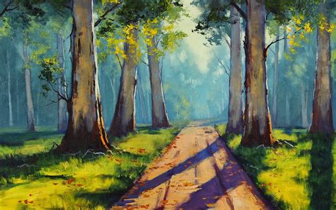 Dirt road between trees painting, painting, path, forest, sunlight HD ...