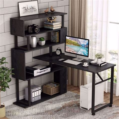 Tribesigns Rotating Computer Desk with 5 Shelves Bookshelf, Vintage Rustic L-Shaped Corner Desk ...