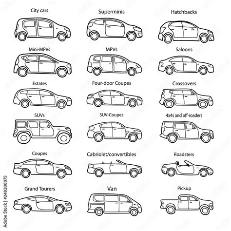 Big set of car body types with text. Simple black outline car icon for ...