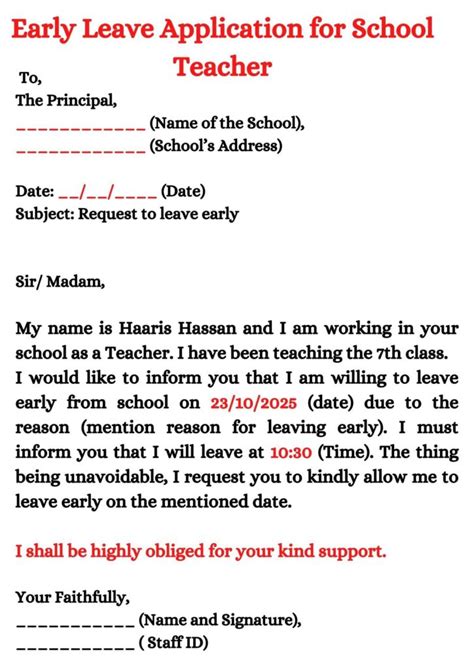 Early Leave Application for School Teacher - Sample Application for ...