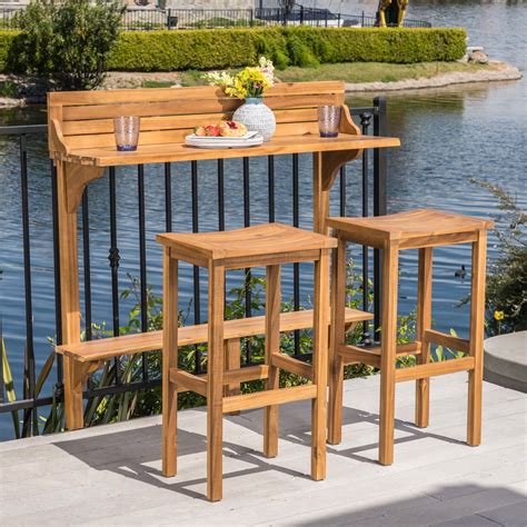 Caribbean Outdoor 3 Piece Acacia Wood Balcony Bar Set, Natural Stained ...