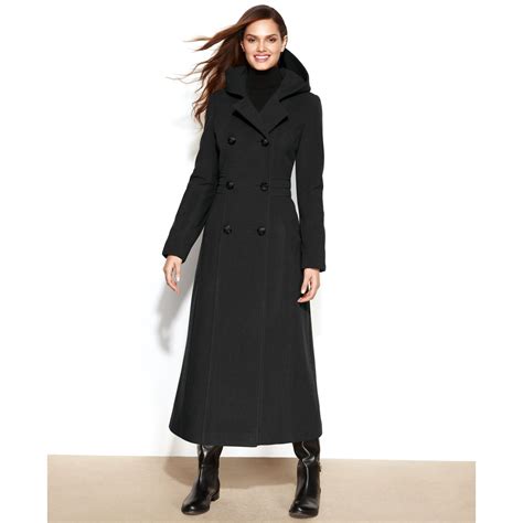 Anne Klein Double-Breasted Wool-Blend Hooded Maxi Coat in Black | Lyst