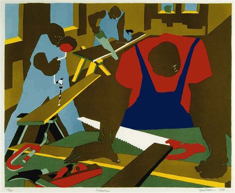 Jacob Lawrence's powerful 1977 lithograph "Carpenters". It's from his ...