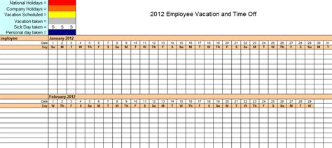 2012 Employee Vacation Tracking Calendar Template