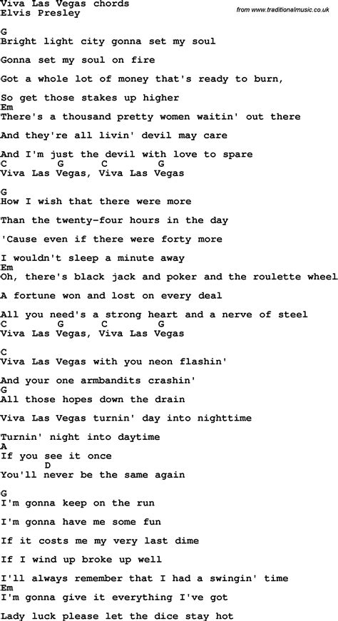 Song lyrics with guitar chords for Viva Las Vegas