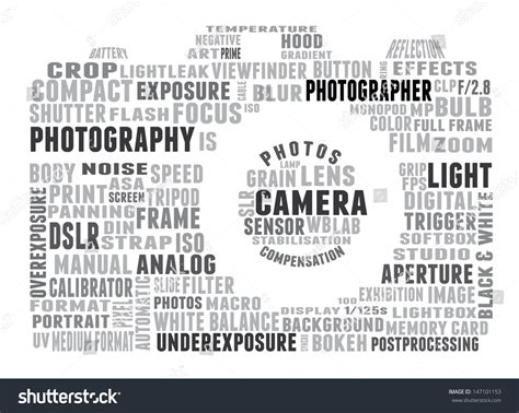 Tag Cloud Shaped As Camera Composed Of Words Related To Photography. Words In Gray Tones On ...