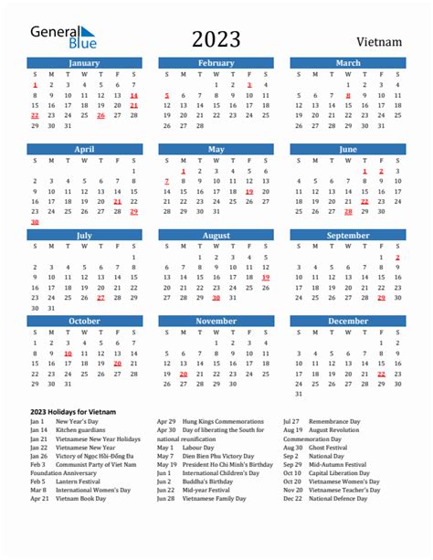 2023 Vietnam Calendar with Holidays