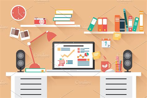 Flat Design Office Desk 02 ~ Illustrations ~ Creative Market