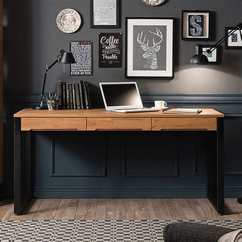 1200mm Rustic Wooden Natural & Black Office Desk with Drawers & Metal Legs | Homary UK