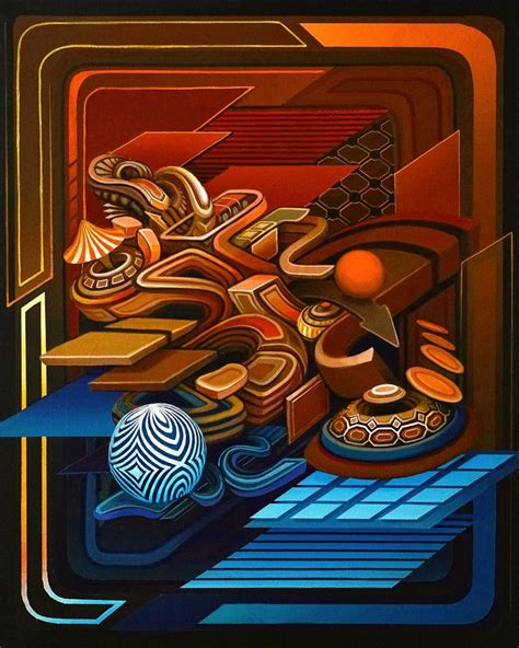 an abstract painting with various objects in it