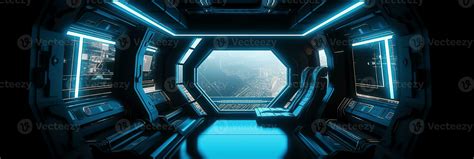 Dark spaceship interior with glowing blue and red lights. Futuristic spacecraft with large ...