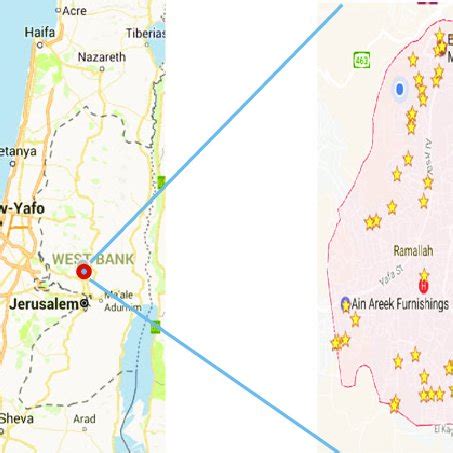 A map of Palestine showing the city of Ramallah in the west bank ...